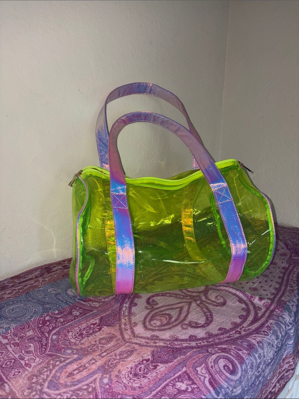 Neon yellow green barrel bag with iridescent handle